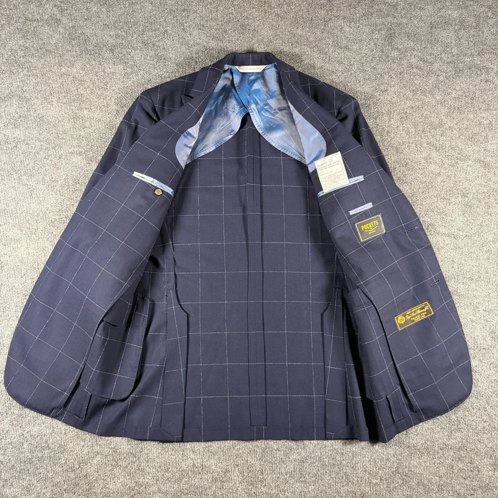 Samuelsohn SB Bristol Suit 41L Blue Windowpane Plaid Loro Piana Wool Pockets